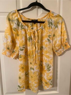 NWOT Women’s Haver London Yellow and Green Floral Tie-Front Peasant Blouse Small